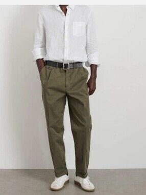 Alex Mill Pleated Military Olive Green Cuffed Twill Chino Trousers Size 31